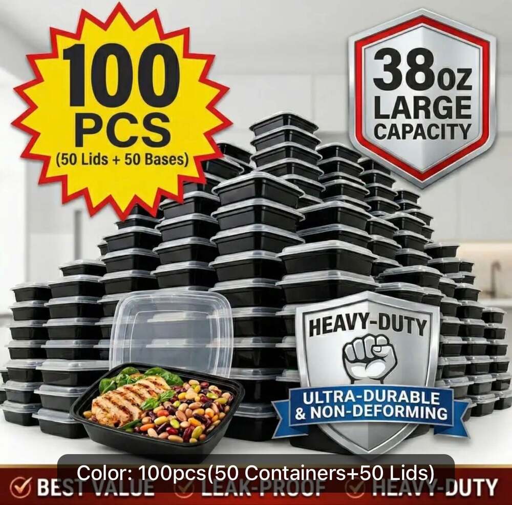 100pcs 38oz Black Rectangular Meal Prep Containers Food Storage 50 bowls/50 lid